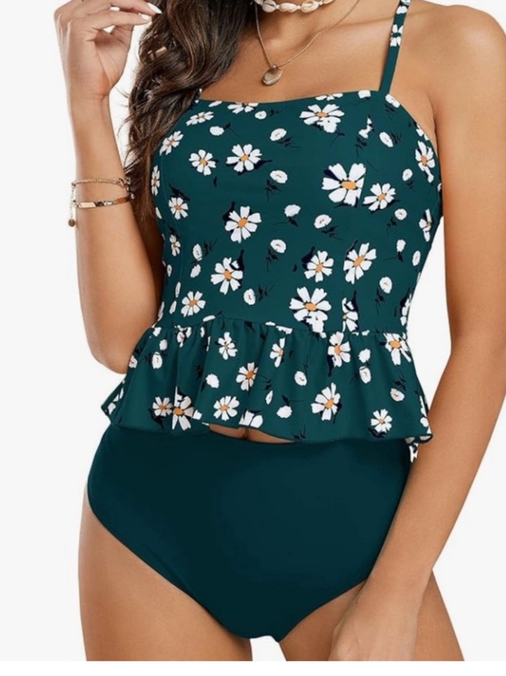 Cupshe Green Floral Peplum Tankini Top & High Waist Bottoms